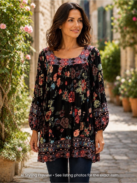 American Rag Cie Tops - American Rag Boho Floral Peasant Tunic Top Black Long Sleeve Women’s S